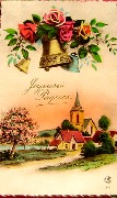 Joyeuses Pâques (cloches entourées de roses ,église de village)