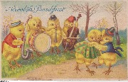 Vrolijk Paaschfeest(4 poussins musiciens et couple de poussins dansant)