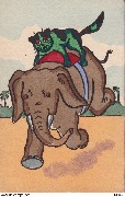 (chat vert agrippé sur le dos d'un éléphant)