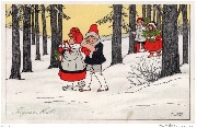 Joyeux Noël ! (4 enfants portant des cadeaux traversent une forêt enneigée)