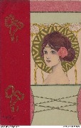 (Jeune femme rousse avec une rose dans les cheveux, vue de trois-quart)