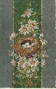 Joyeuses Pâques(un nid rempli de quatre oeufs, entouré de pâquerettes) 