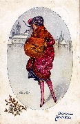 Femme sous la neige avec gros manchon brun et gui