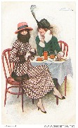 Parisiennes à la mode de 1918. Deux élégantes prenant le thé